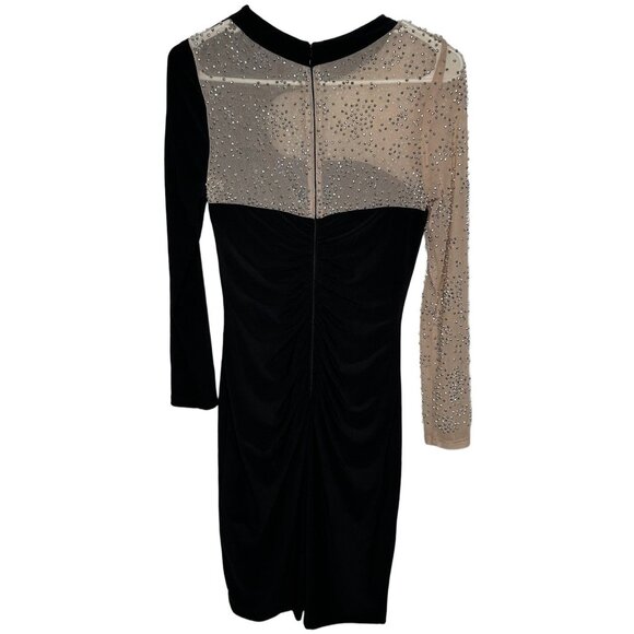 Xscape Illusion Bodycon Dress Black Nude AsymmetricalRuched Sheath 8 M - Picture 4 of 11